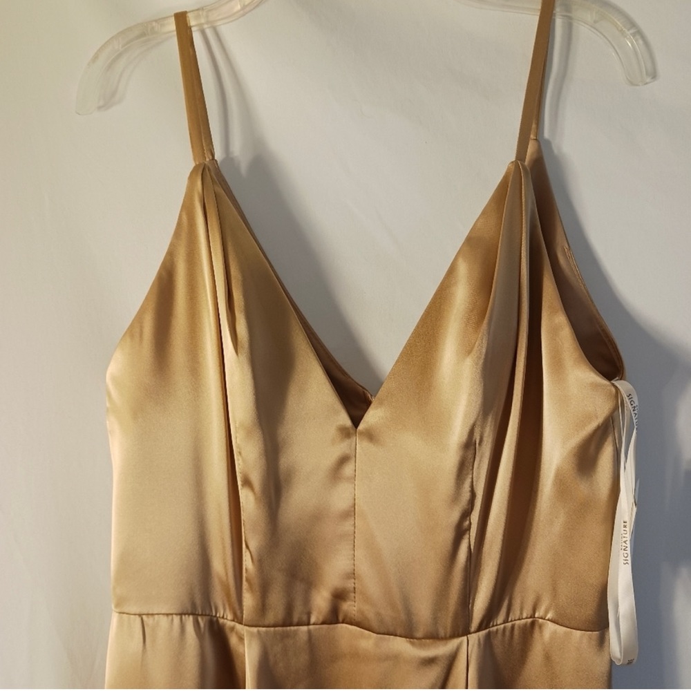 David's Bridal GOLDEN SATIN V-Neck Spaghetti Strap Formal Gown Event Maxi Dress - Picture 7 of 12